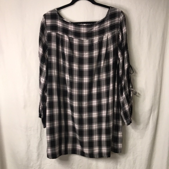 LOFT Women’s Tunic Split Sleeves with Ties Boat Neck Black White Plaid XXL - Picture 6 of 12